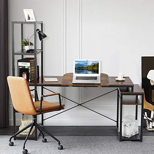 Computer Desk with 5-Tier Shelves, 3 in 1 Bookshelf, Computer Desk, and Main Frame, 47.2" Drafting Drawing Table with 60° Tiltable Tabletop, PC Laptop Table Study Workstation for Home Office (Brown)