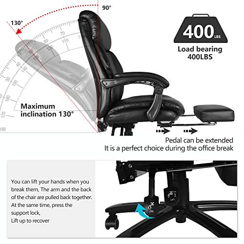 Generic High Back Office Chair PU Leather with Soft Cushion, Footrest, Tilt Function - Black, 130° Tilt, 400lbs