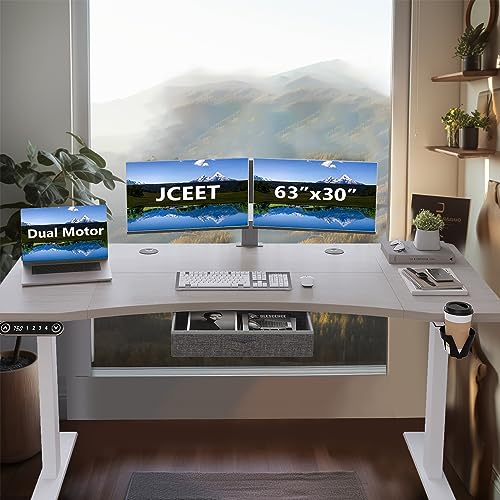 Jceet Electric Standing Desk with Drawer, 63x30 Inches Adjustable Height Sit Stand Up Desk - Pale Pearwood Top/White Frame