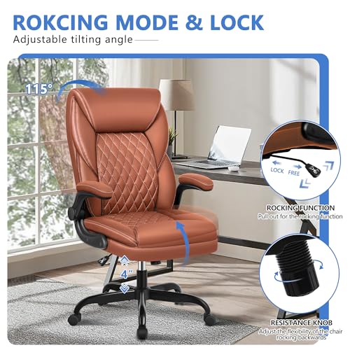 BestEra Executive Office Chair, Big and Tall Leather Ergonomic Desk Chair with Rocking Function - Brown