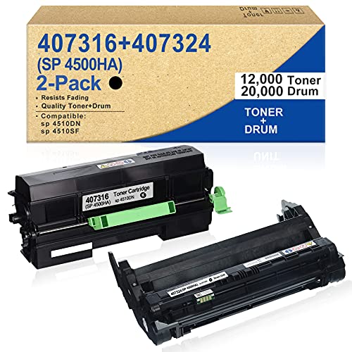 [2 Pack,Black] Compatible 407316 Toner Cartridge & 407324 Drum Unit Replacement for Ricoh sp 4510DN sp 4510SF Printer