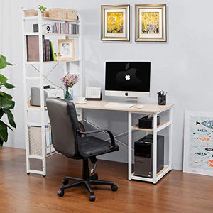 Wood Computer Desk with Metal Frame and 4-Tier Open Bookshelves Plenty Storage Spaces PC Laptop Gaming Desk Study Writing Table Workstation with Monitor & CPU Stand for Home Office Dorm School