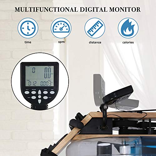Vilobos Water Rowing Machine Heavy Duty Wooden Foldable Rower with Water Resistance Adjustable LCD Monitor for Calories Burned Sports Exercise Equipment in Home Gym