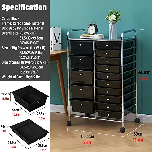 WAHHWF 15 Drawers Rolling Storage Cart with Wheels, Multipurpose Organizer - Plastic Drawer Cart
