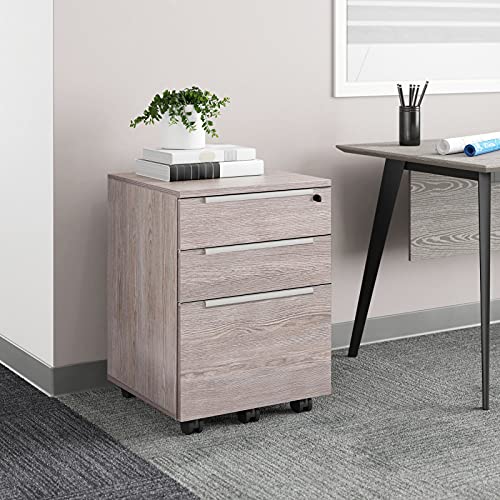 Unique Furniture Mid-Century Modern 3-Drawer Vertical File Cabinet with Castors, Central-Locking System, Freestanding Storage - Grey