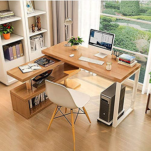JCXT Shaped Computer Corner Desk, Reversible Home Office Corner Desk with Storage Shelves, for Home Office Study Writing Gaming Wooden Table PC Workstation (Color : Brown, Size : 140cm/55.11in)