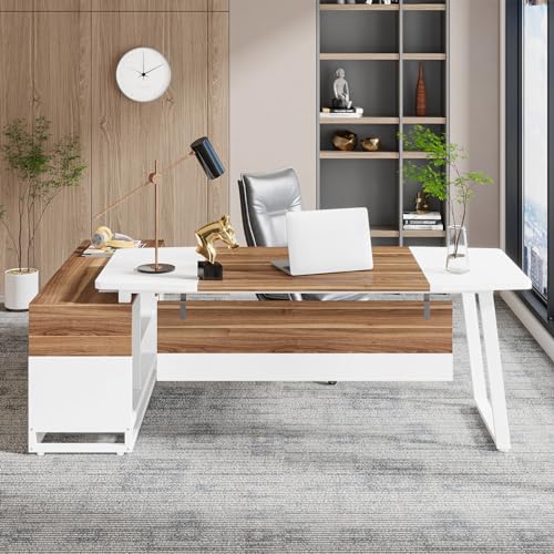Tribesigns Executive Desk and Lateral File Cabinet Set, Large L-Shaped Computer Desk with Storage, White/Walnut