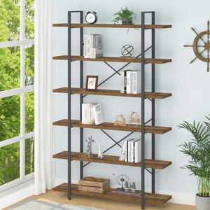 HSH Industrial Modern 6 Shelf Tall Bookcase, Open Wood & Metal Display Rack - Rustic Brown