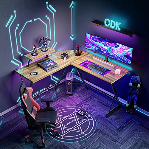 L Shaped Gaming Desk, 51" Home Office Desk with Round Corner Computer Desk with Large Monitor Stand Desk Workstation,Sandalwood