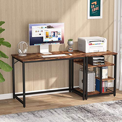 Tribesigns Computer Desk with Printer Stand, Home Office Desk with Storage Shelf-Left or Right Set Up, 59 inch Study Writing Table Workstation Rustic Brown