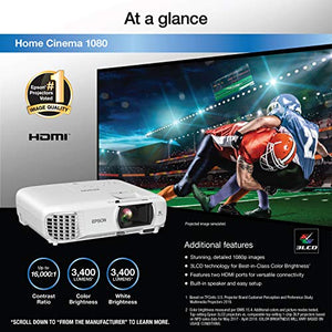 Epson Home Cinema 1080 3LCD 1080p Projector, 3400 Lumens, Built-in Speaker, Dual HDMI - White