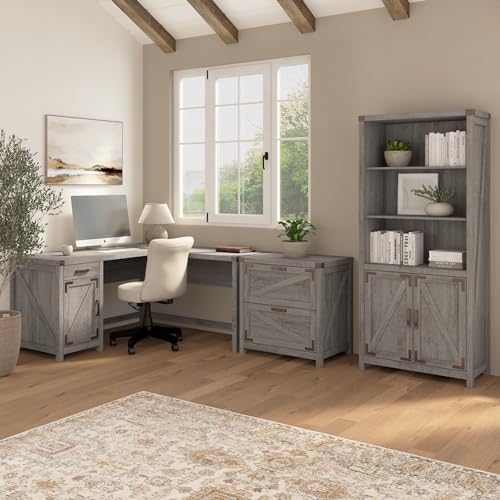 Bush Furniture Knoxville 60W L-Shaped Desk with File Cabinet and Bookcase Set