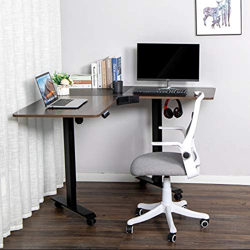 FINEWISH Electric Height Adjustable Desk Solid Wood Home Office Table Standing Motorized Workstation Digital Panel Push Button Memory Settings ，55.1” (L) x 27.6” (W) (L-Shaped, Dark Brown)