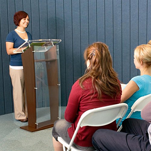 Displays2go Podium with Acrylic Panel & Silver Accents, Mahogany Finished Side Panels (CVWDLCTBM)