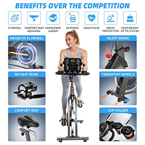 FUNMILY Indoor Cycling Bike, Stationary Exercise Cycle for Home Cardio Workout Fitness with 10 Level Adjustable Magnetic Resistance, LCD Monitor, Larger Seat and Heart Rate Handlebar