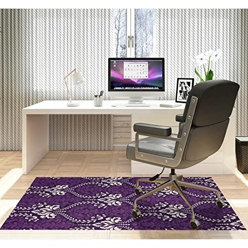 HNU Stylish Durable Rectangular Foldable Office Chair Mat for Carpet | 60" W x 84" L Low Pile Damask Pattern | Purple White Chenille Print | Heavy Cotton Backing