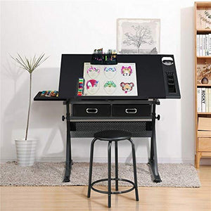 DXXWANG Art Craft Table Adjustable Drafting Drawing Table Writing Desk Tiltable w/Stool (Color : Black)