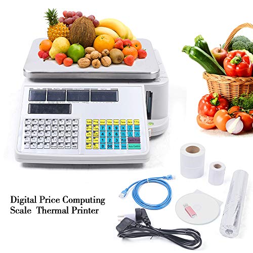 Futchoy Commercial Electronic Price Computing Scale w/Label Printer, 66lb Capacity - Digital Scale for Fruit Meat Vegetables - Supermarket Grocery Scale