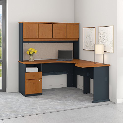 Bush Business Furniture Series A 60W x 65D L Shaped Desk with Hutch and 2 Drawer Pedestal in Natural Cherry and Slate