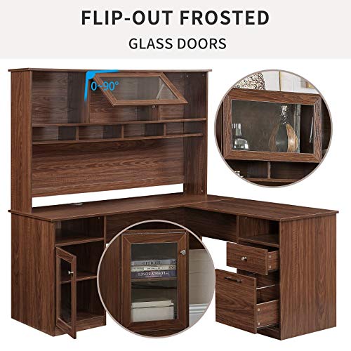 BJYX L-Shaped Computer Desk with Hutch Writing Workstation with Shelves Home Office