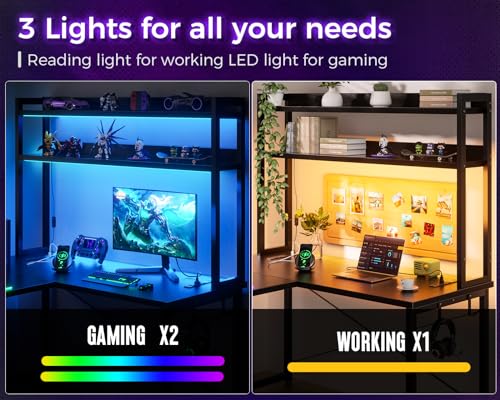 AODK L Shaped Gaming Desk with Hutch, Power Outlets, LED Strip, Monitor Stand - 66" Reversible Corner Computer Desk with Storage Shelves - Black