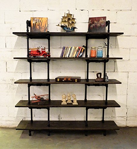 FURNITURE PIPELINE Industrial Wall Mounted Large Storage 5 Shelf Bookcase, Metal and Reclaimed Aged Wood Finish, 71'' H