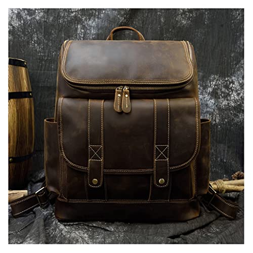 WJPTL Travel Men's Large Capacity Backpack，Vintage 17 Inch Crazy Horse Genuine Leather Laptop Daypack，School、Travel、Business Rucksack Women (Color : Dark Brown, Size : 17inchs)