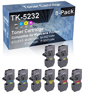 8-Pack (2BK+2C+2Y+2M) Compatible High Yield TK5232 (TK-5232BK+ TK-5232C+ TK-5232Y+ TK-5232M) Laser Printer Toner Cartridge Used for Kyocera ECOSYS M-5521cdn M-5521cdw P-5021cdn P-5021cdw Printer
