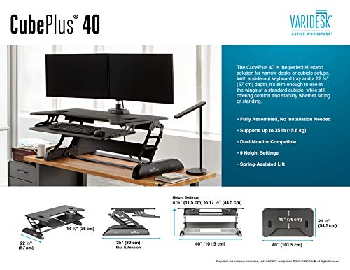 VARIDESK - Height Adjustable Standing Desk Converter - Stand Up Desk for Dual Monitors and Cubicles - Cube Plus 40
