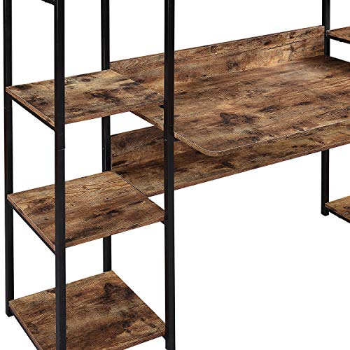 Merax. Home Office Hutch and Double Bookcase, Computer Workstation with Storage Bookshelf Desk, Brown