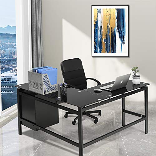 L Shaped Desk 56" Computer Corner Desk, Home Gaming Desk with Storage Drawer Under Desk, Office Writing Workstation with Glass Desktop and Metal Frame, Space-Saving and Easy Assemble
