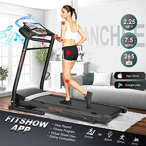 ANCHEER Folding Treadmill with Smartphone Sports APP, 3 Levels Manual Incline, 2.25HP Motor Allows for 0.5-7.5 MPH, 12 Preset Programs, Easy Assembly Exercise Machine for Home Gym Office