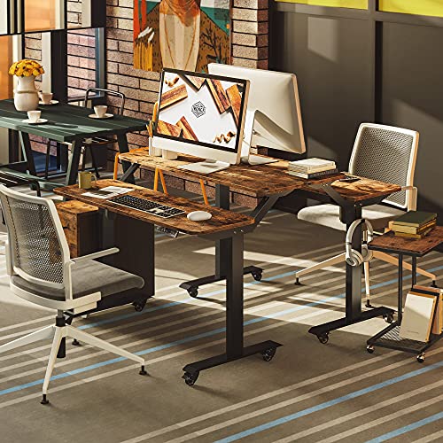 IRONCK Standing Desk, Electric Adjustable Height Desk, Home Office Desks with Shelve, 2-Tier Sit Stand Desk with Wheels, 4 Programmable Preset Controller, Rustic Brown