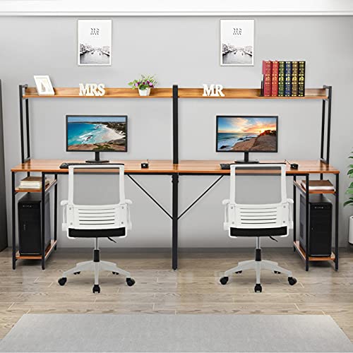 94.5 Inch Double Computer Desk, 2 Person Desk with Hutch & Storage Shelves, Extra Long Home Office Computer Table Writing Study Table Double Workstation Home Office Desk (Brown)