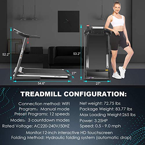 SYTIRY Treadmill with Screen,Treadmills for Home with 10" HD tv Touchscreen&WiFi Connection,3.25hp Motor, Folding Exercise Equipment Machine with Workout Program, Hydraulic Drop