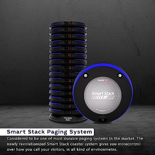 PagerTec Wireless Smart Stack EVO Pagers Calling System for Restaurants, Hospitals, Office & Hotels | 1 Transmitter, 1 Charging Bases & 50 Long Range Blue Pagers