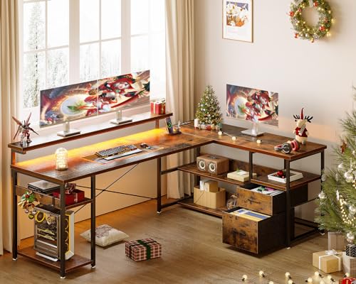 ODK L Shaped Gaming Desk with File Drawers, Power Outlets, LED Lights - 61 Inch Vintage