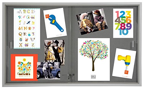 5' x 3' Indoor Bulletin Board with Sliding Glass Doors, 60 x 36 Enclosed Notice Board with Gray Fabric Interior, Aluminum