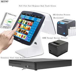 ZHONGJI 2020 Cash Register Smart Touch Screen PC POS System for Restaurants with POS-Software,Thermal Receipt Printer,Cash Drawer,80E Kitchen Printer