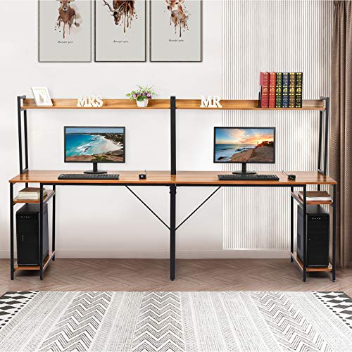94.5 inches Computer Desk, Extra Long Large Two Person Desk with Hutch and Storage Shelves, Double Workstation Office Desk Table Study Writing Desk for Home Office (Brown)