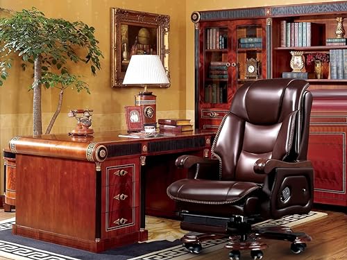 Kinnls Fully Reclining Massage Office Chair, Genuine Leather, Adjustable Back, Retractable Footrest (Coffee)