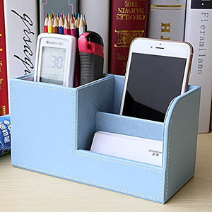 ZLYPSW Blue Wooden Pu Leather Multi-Function Desk Stationery Organizer Storage Box Remote Control Holder (Color : Blue, Size : 20.3 * 9.3 * 11 cm)