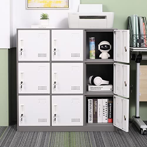 iCHENGGD Metal Locker 9 Door Storage Cabinet with Lock and Ventilation, Grey