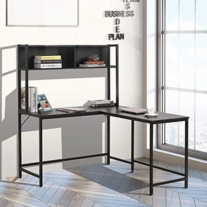 HOMCOM Home Office L-Shaped Computer Desk with Hutch and Storage Shelves, PC Table Study Writing Workstation with 2 Storage Compartments, Bookshelf, Black