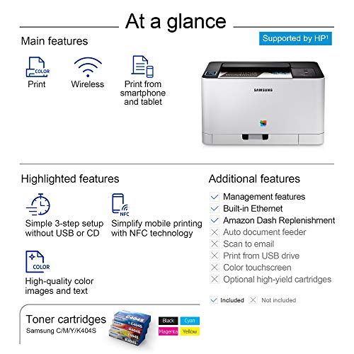 Samsung Xpress C430W Wireless Color Laser Printer with Simple NFC + WiFi Connectivity and Built-in Ethernet, Amazon Dash Replenishment Enabled (SS230G)