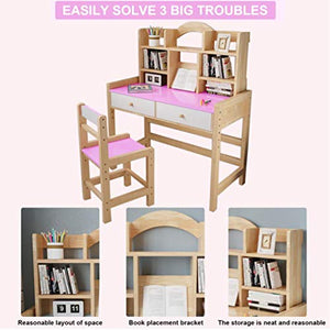TOUNTLETS Teen Wooden Desk and Chair Set Girl Writing Desk 32" Home Office Desk for Bedroom,Wooden Desk for Student Home Study & Office Computer Desk w/Drawers & Bookshelves,Adjustable Height (Pink)