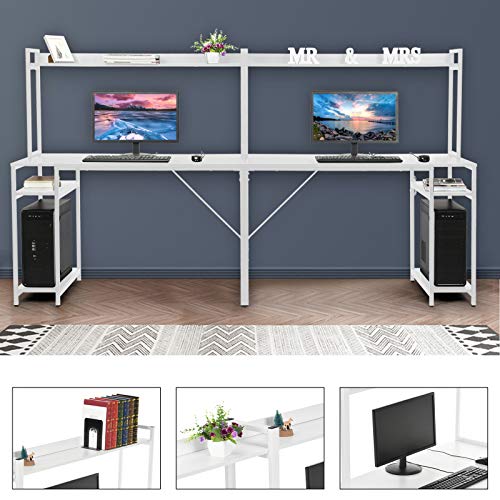Double Computer Desk with Hutch, Extra Long Two Person Home Office Writing Desk with Storage Shelves, Workstation Office Desk Table Study Writing Desk w/CPU Stand (White)