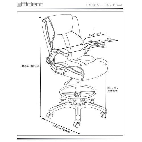 Officient Omega Collection Adjustable Arm Stool with Flip Arms and Footring in Black Polyurethane