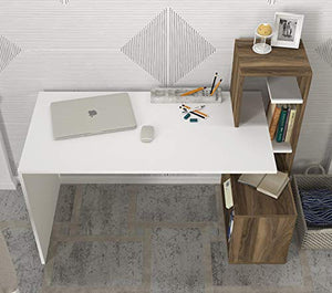 MAKENZA Serra Office Desk Modern Living Room Furniture with Adjustable Shelves & One Hidden Cabinet, Writing Workstation Table Compatible for Home, Office Study (White-Walnut)