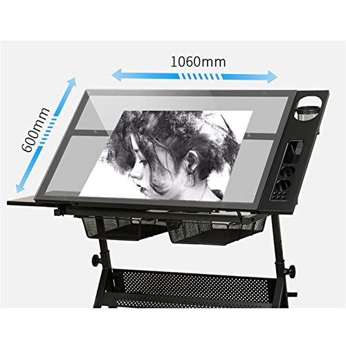 XIONGGG Multifunctional Glass Drafting Table Height Adjustable Drawing Desk W/ 2 Storage Drawer, Tiltable Desk Art Table